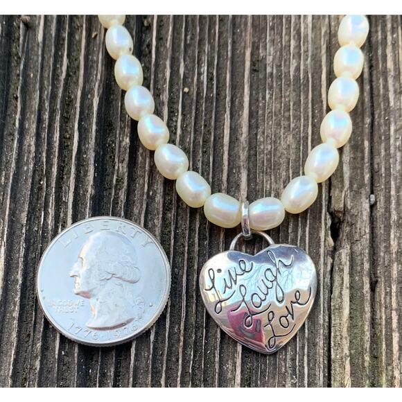 LIve Laugh Love Sterling Silver Heart and Freshwater Pearl Necklace - Picture 4 of 8